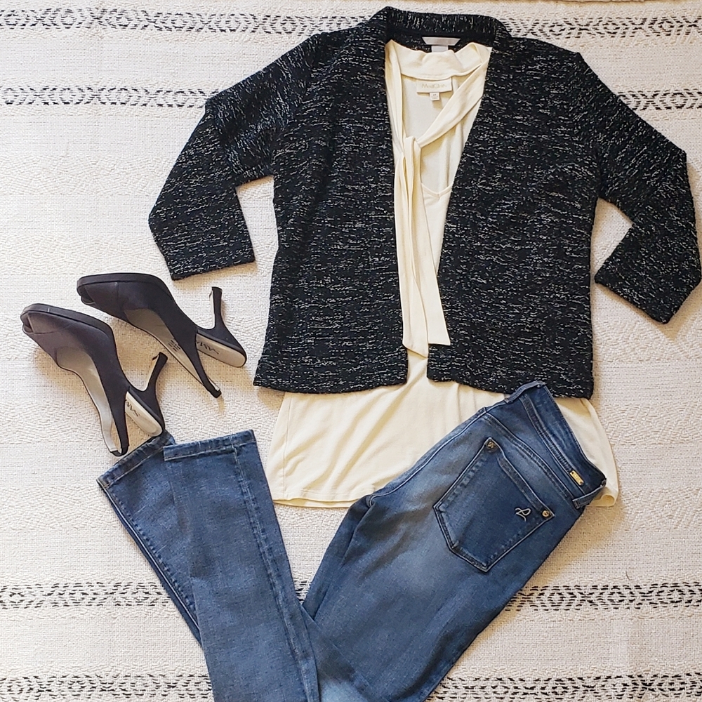 H&M Open Cardigan Knit Blk Wht Crop Sleeve Top S